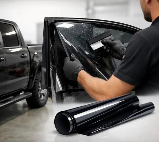 Technician installing window tint on a car window in a professional tint shop